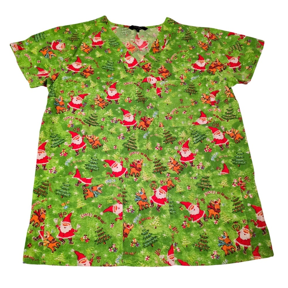 Women's Size‎ Extra Small Scrub Top Santa Reindeer, Excellent Condition